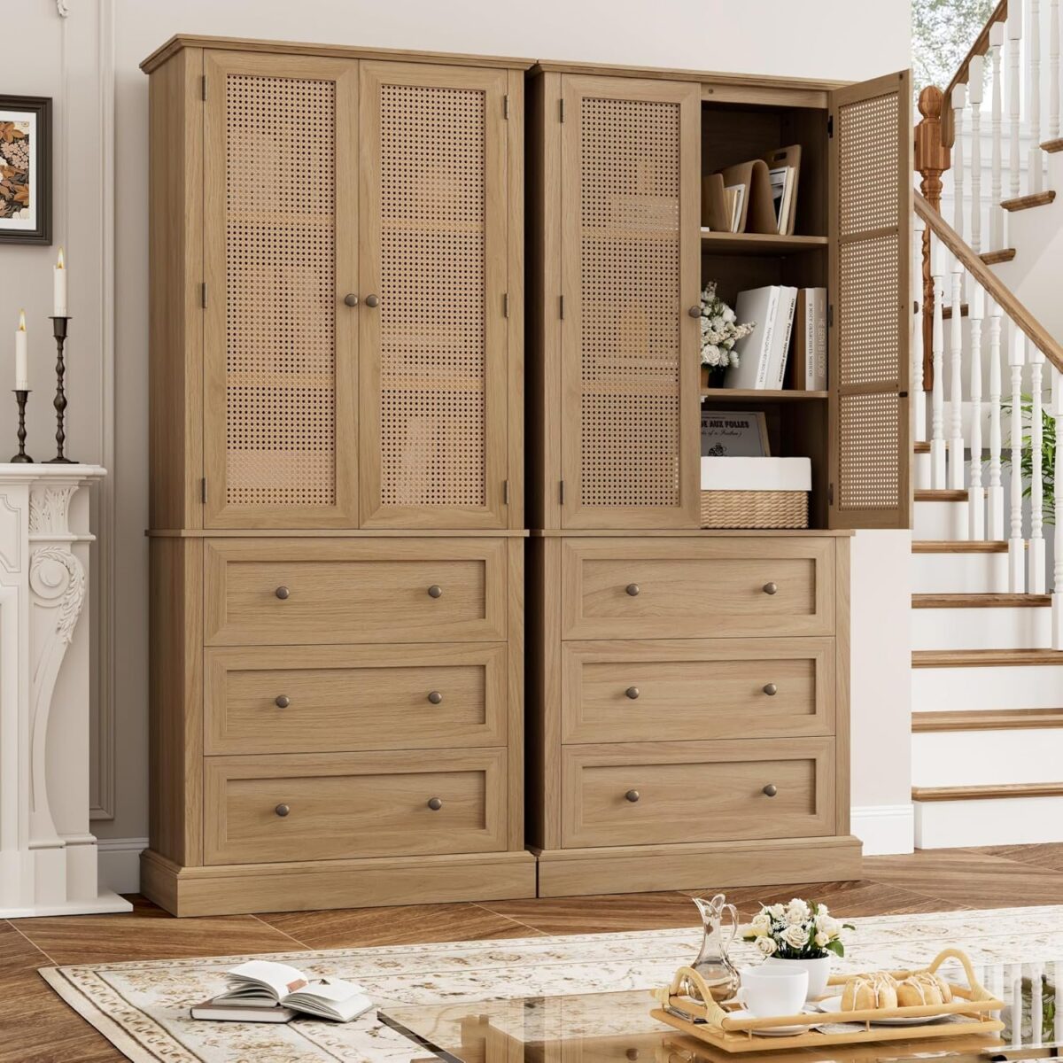 Tall Kitchen Pantry, Rattan Doors Pantry Cabinet with 3 Drawers and Adjustable Shelf, Large Wood Storage Cabinet