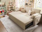 Sleeper Sofa, Sofa Bed- 2 in 1 Pull Out Couch Bed with Storage Chaise for Living Room, Beige Chenille Couch