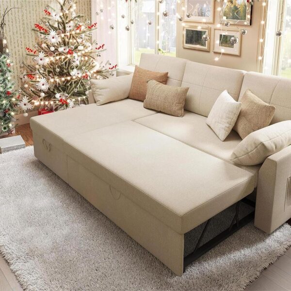 Sleeper Sofa, Sofa Bed- 2 in 1 Pull Out Couch Bed with Storage Chaise for Living Room, Beige Chenille Couch