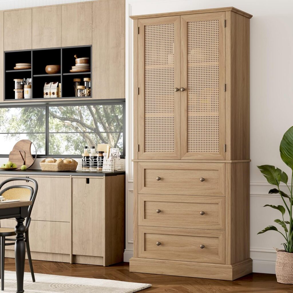 Tall Kitchen Pantry, Rattan Doors Pantry Cabinet with 3 Drawers and Adjustable Shelf, Large Wood Storage Cabinet