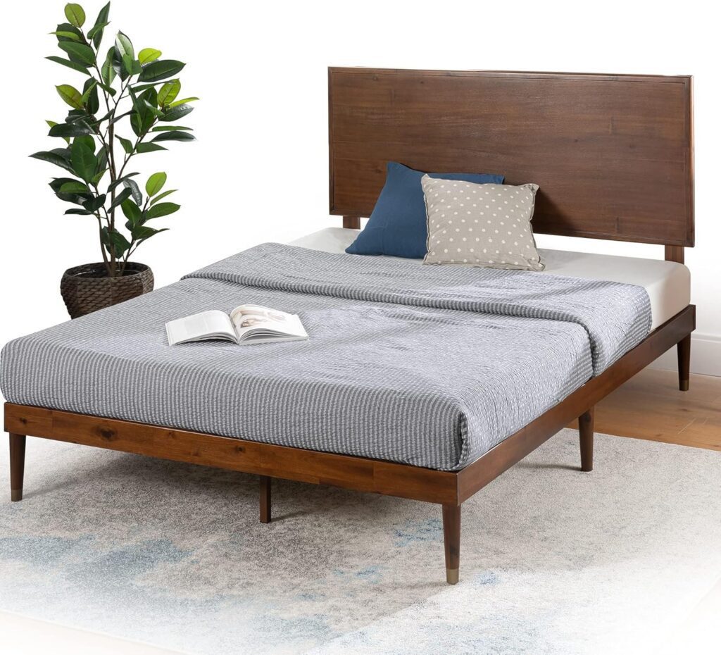 Wood Platform Bed Frame with Adjustable Wood Headboard, Solid Wood Foundation