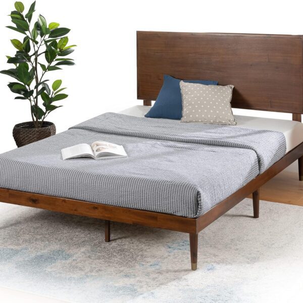 Wood Platform Bed Frame with Adjustable Wood Headboard, Solid Wood Foundation