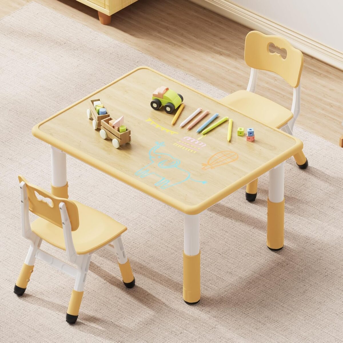 Kids Table and 2 Chairs Set, Height Adjustable Table and Chair Set, Graffiti Desktop Multi-Activity Table