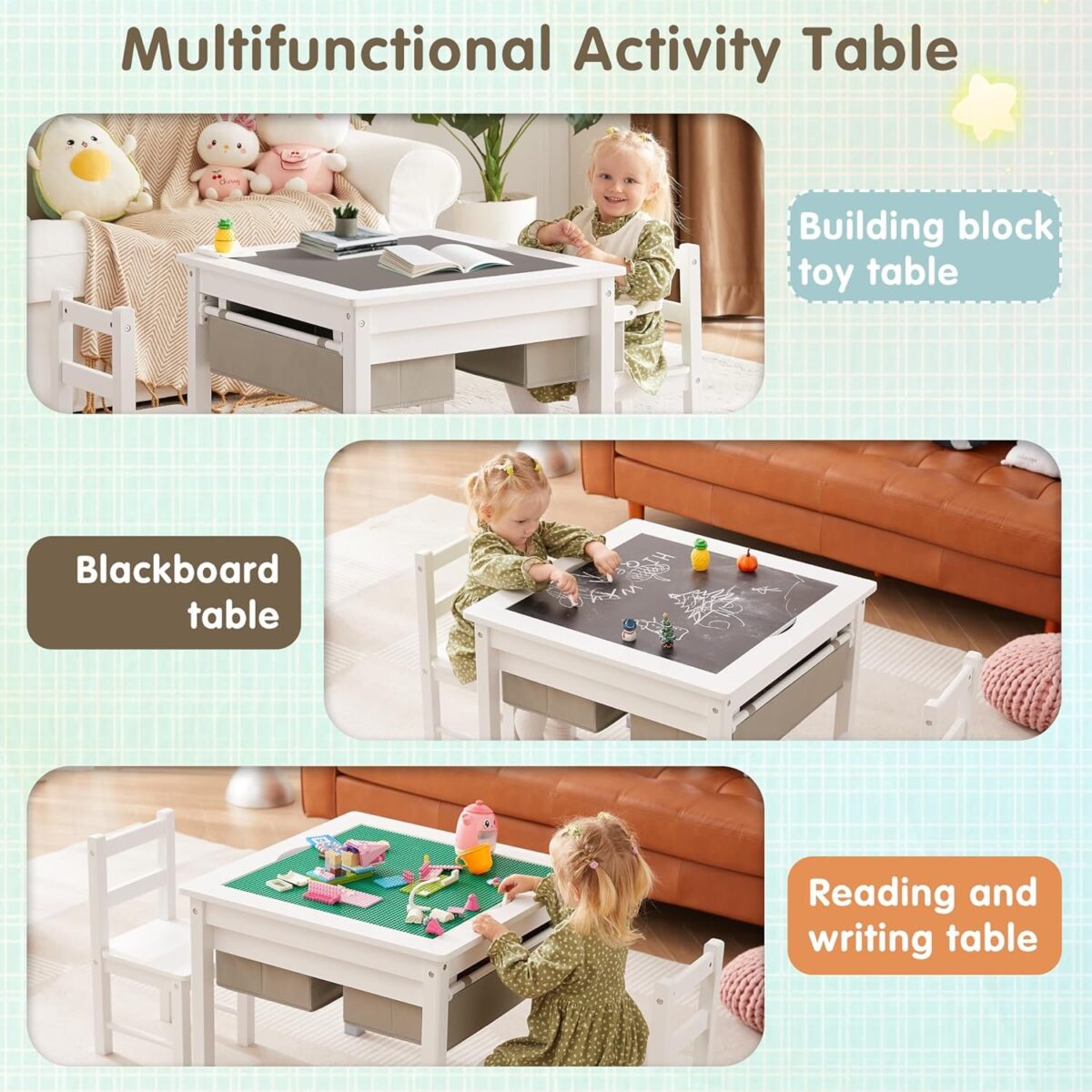 3 in 1 Kids Table and 2 Chairs Set with Storage Drawers, Construction Play Table with Detachable Blocks and Blackboard Tabletop