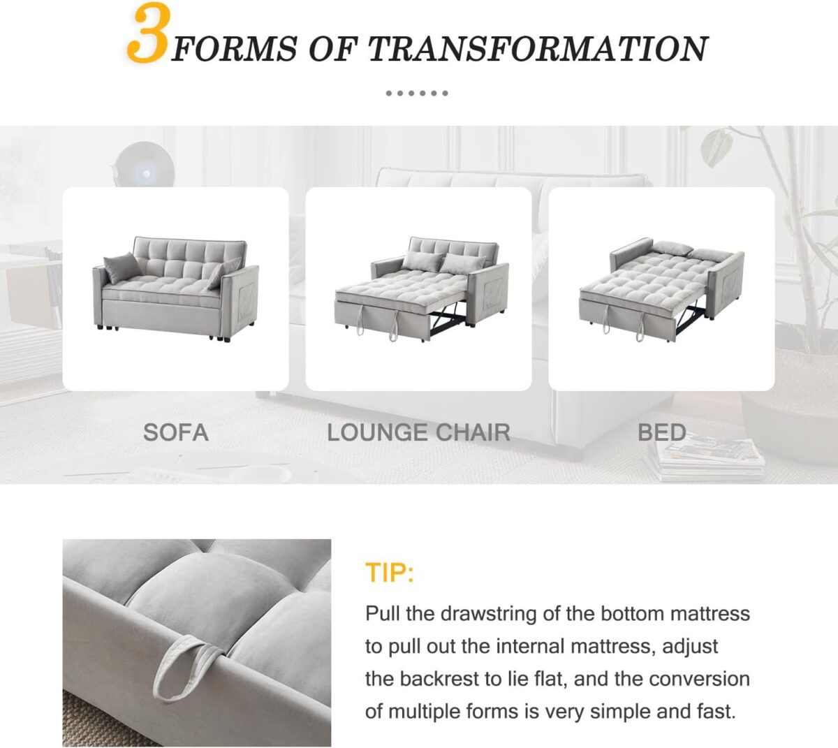 Futon Sofa Bed, Modern Velvet 3 in 1 Convertible Sleeper Sofa Couch Bed, Pullout Couch Bed with Adjustable Backrest