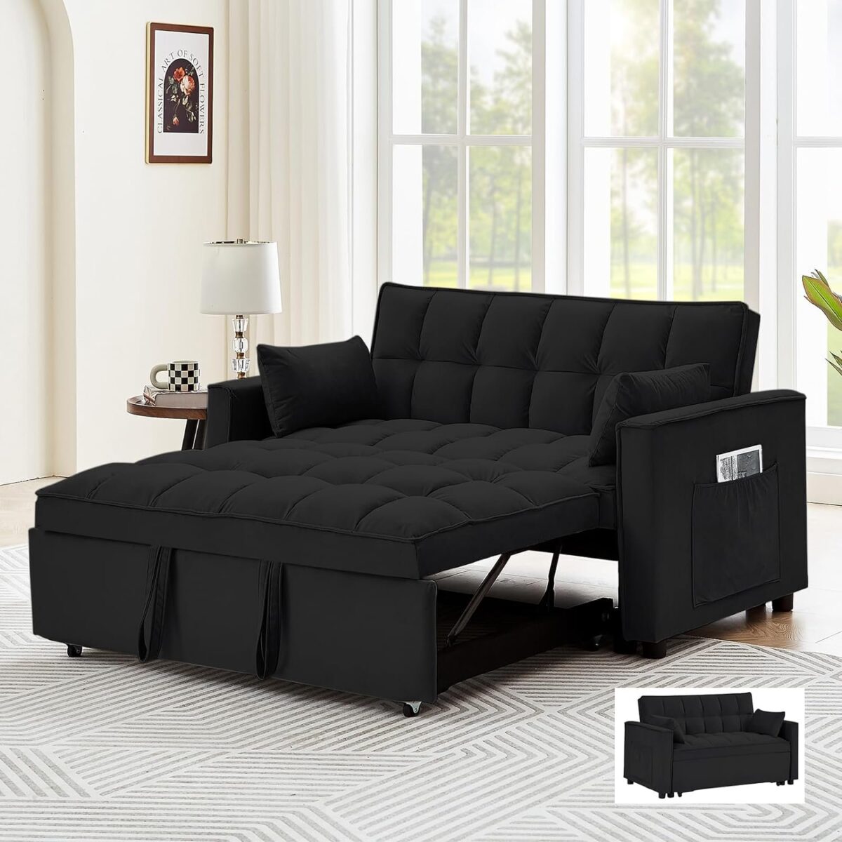 Convertible Sleeper Sofa 3 in 1 Velvet Small Loveseat with Pull Out Bed, Reclining Backrest, Toss Pillows and Pockets