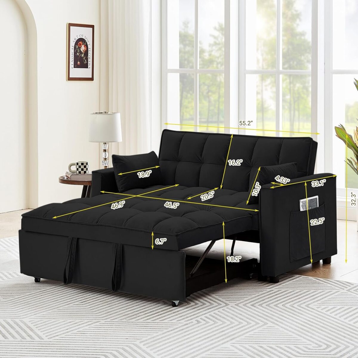 Convertible Sleeper Sofa 3 in 1 Velvet Small Loveseat with Pull Out Bed, Reclining Backrest, Toss Pillows and Pockets