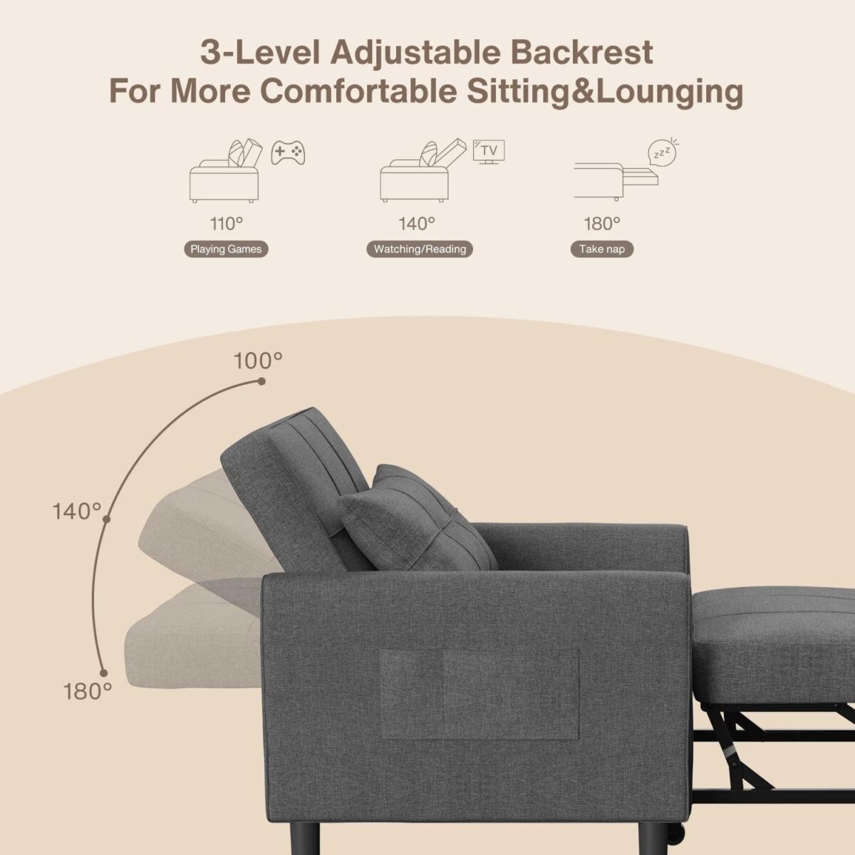 Convertible Futon Sofa Bed, 3-in-1 Multi-Functional Sleeper Chair Bed, Adjustable Backrest Recliner