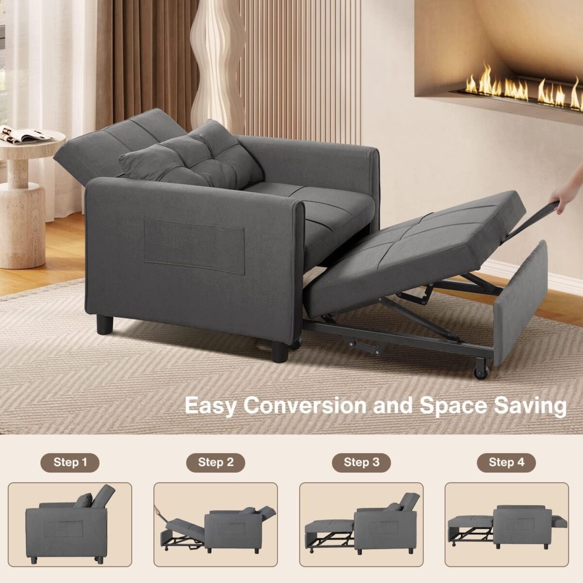 Convertible Futon Sofa Bed, 3-in-1 Multi-Functional Sleeper Chair Bed, Adjustable Backrest Recliner