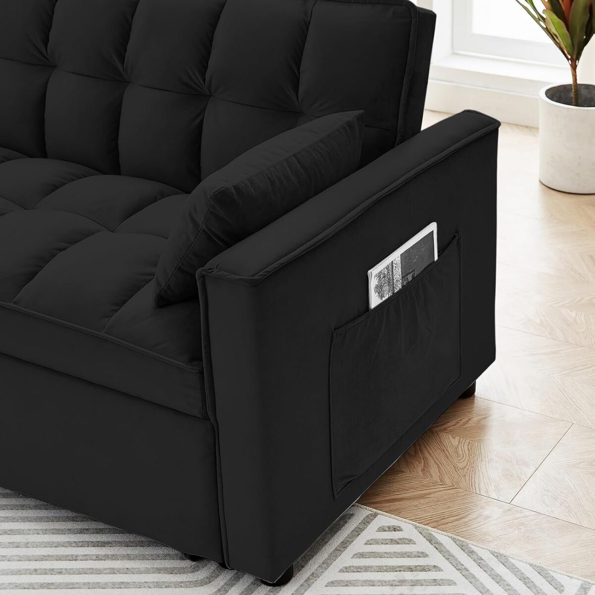 Convertible Sleeper Sofa 3 in 1 Velvet Small Loveseat with Pull Out Bed, Reclining Backrest, Toss Pillows and Pockets