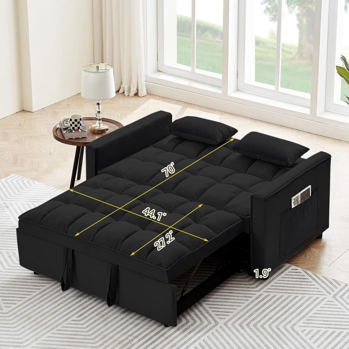 Convertible Sleeper Sofa 3 in 1 Velvet Small Loveseat with Pull Out Bed, Reclining Backrest, Toss Pillows and Pockets