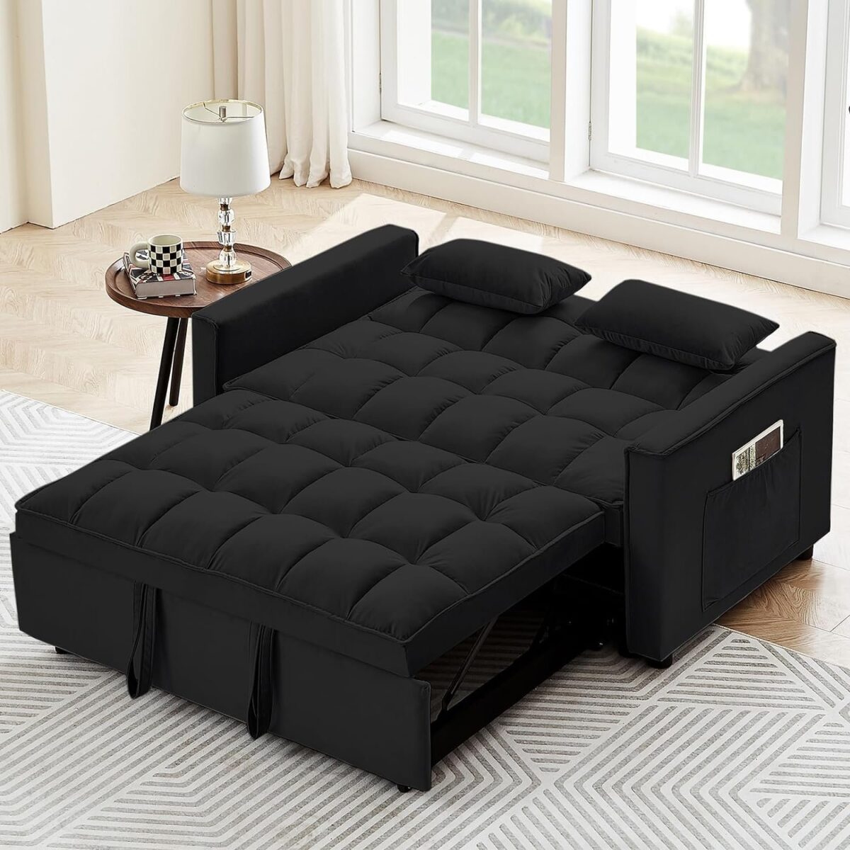 Convertible Sleeper Sofa 3 in 1 Velvet Small Loveseat with Pull Out Bed, Reclining Backrest, Toss Pillows and Pockets