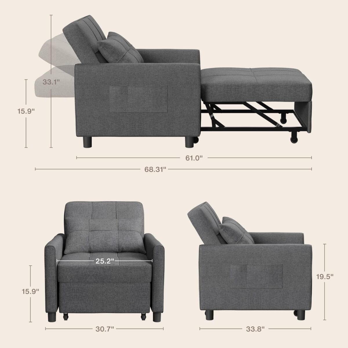 Convertible Futon Sofa Bed, 3-in-1 Multi-Functional Sleeper Chair Bed, Adjustable Backrest Recliner