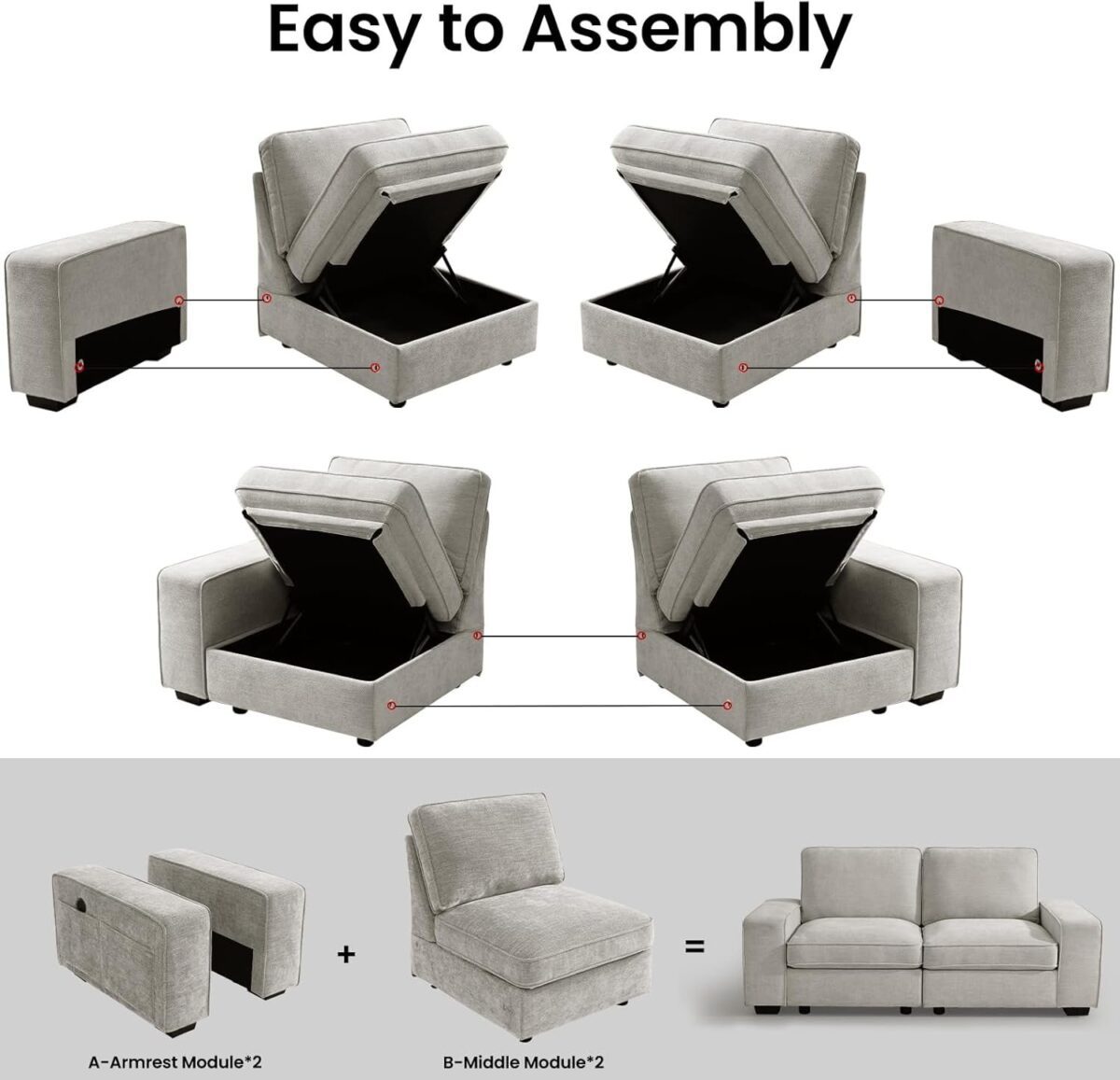 2-Seater Modular Sectional Modern Sofa Couch Loveseat for Living Room and Apartment Comfy Removable Chenille