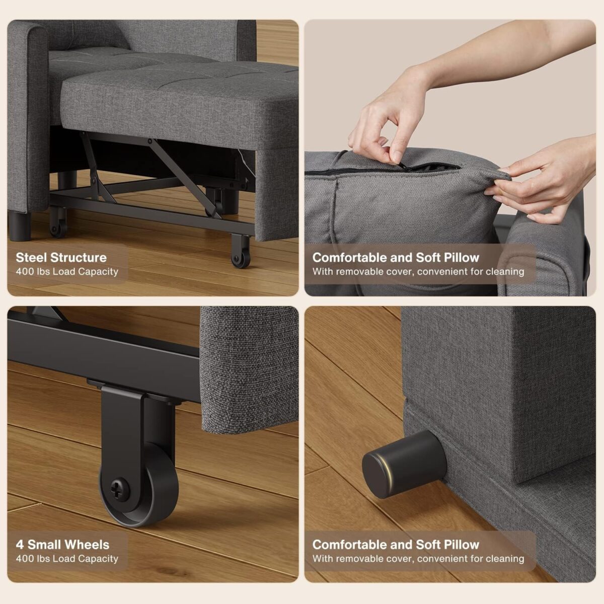 Convertible Futon Sofa Bed, 3-in-1 Multi-Functional Sleeper Chair Bed, Adjustable Backrest Recliner