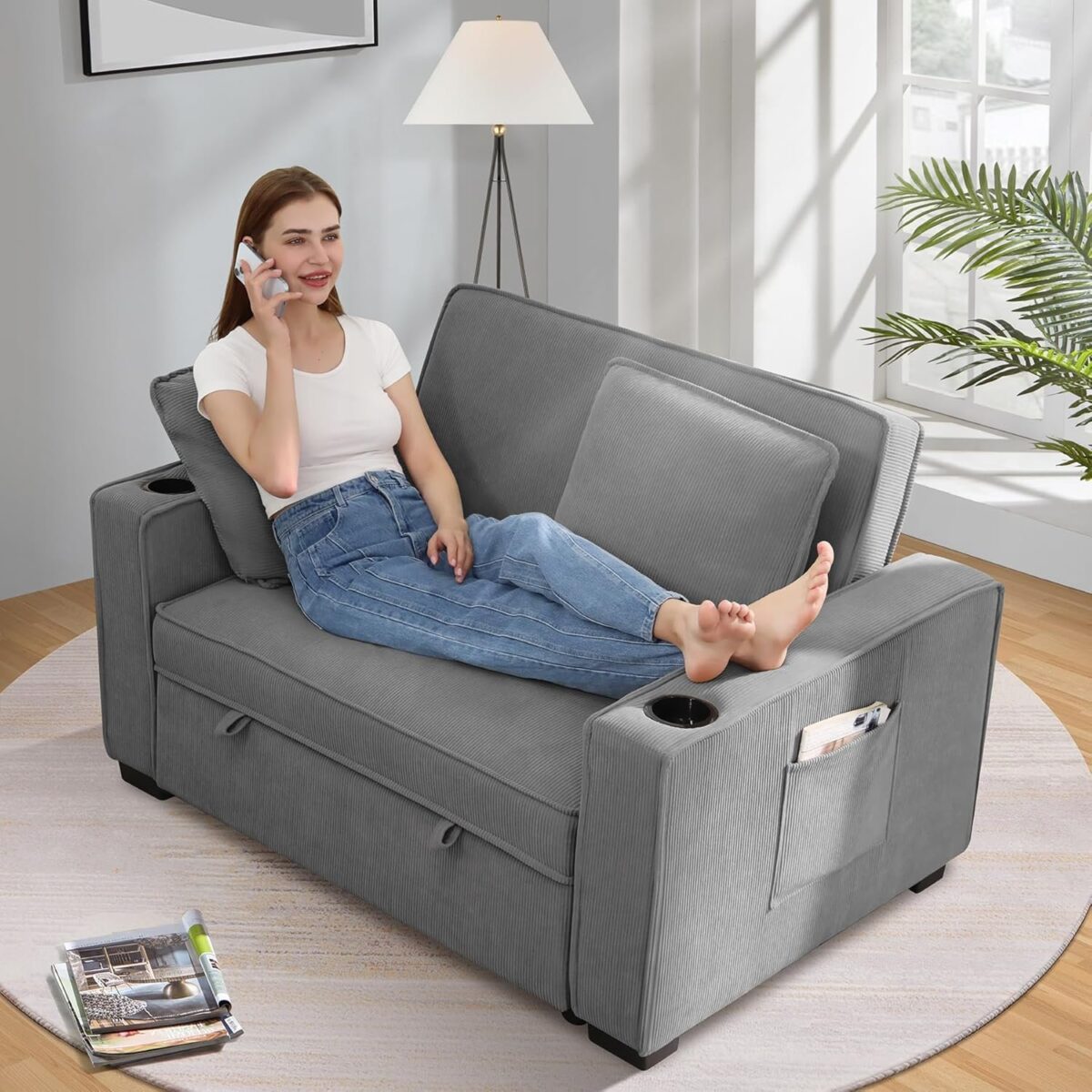 Convertible Sofa Bed, 3-in-1 Sleeper Sofa Pull-Out Bed, Multi-Functional Corduroy Futon Couch