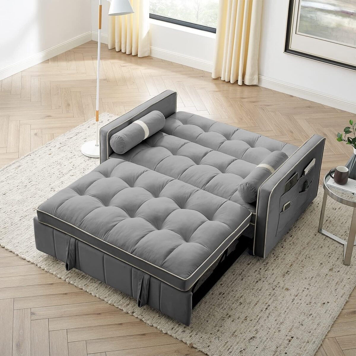 3 in 1 Sleeper Sofa Couch Bed, Small Tufted Velvet Convertible Loveseat Futon Sofa w/Pullout Bed, Adjustable Backrest
