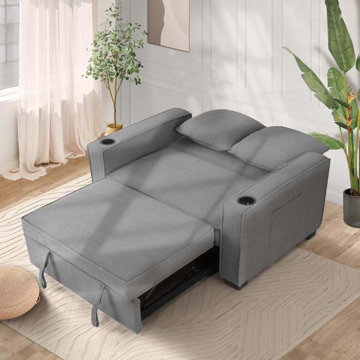 Convertible Sofa Bed, 3-in-1 Sleeper Sofa Pull-Out Bed, Multi-Functional Corduroy Futon Couch