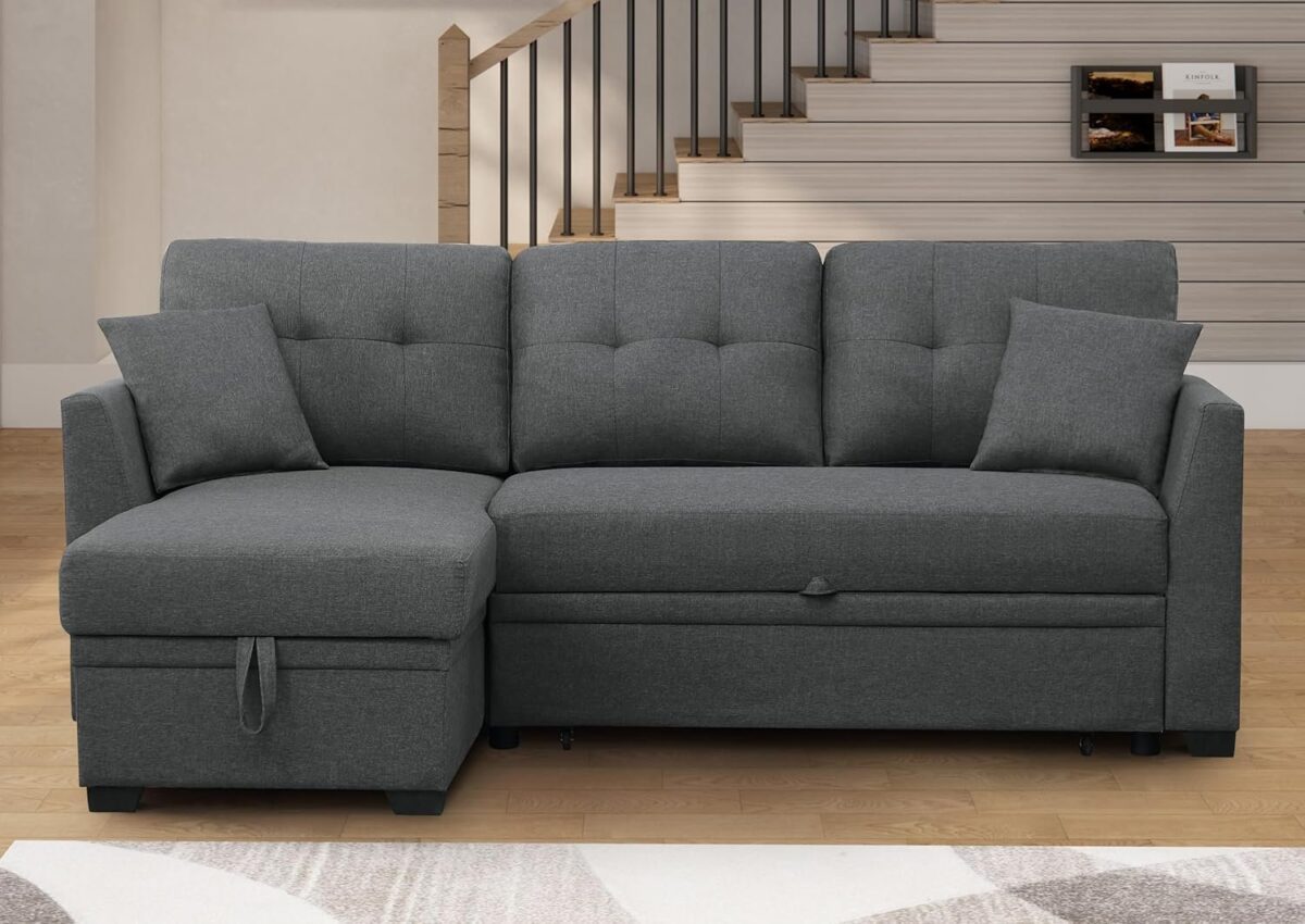 L Shaped Sectional Sleeper Sofa Couches Pull Out Sofabed with Storage Chaise,Removable Back Cushions