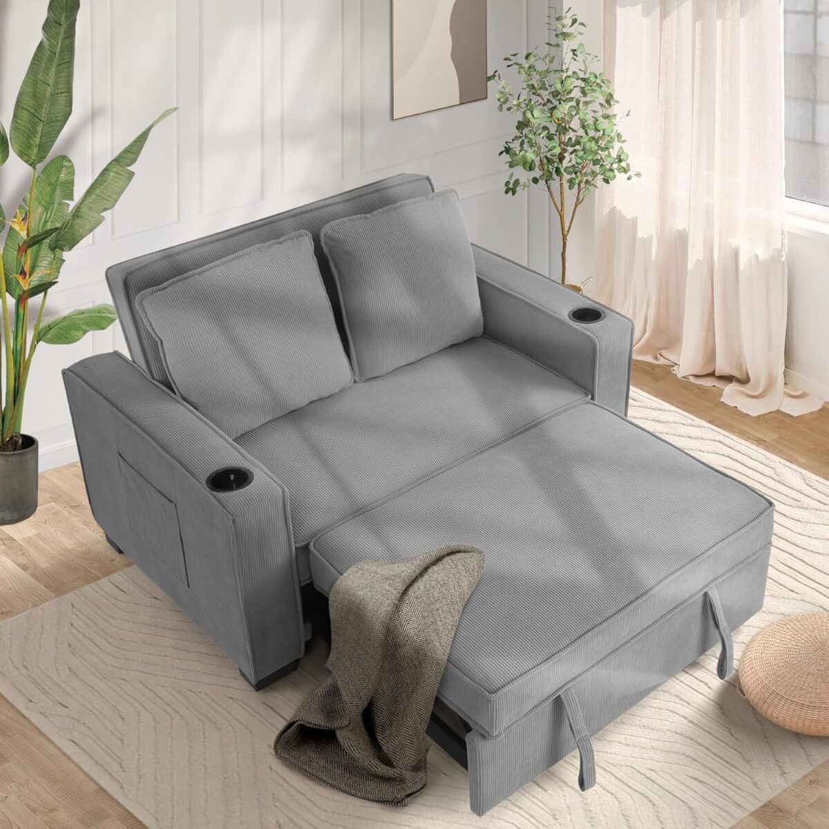 Convertible Sofa Bed, 3-in-1 Sleeper Sofa Pull-Out Bed, Multi-Functional Corduroy Futon Couch