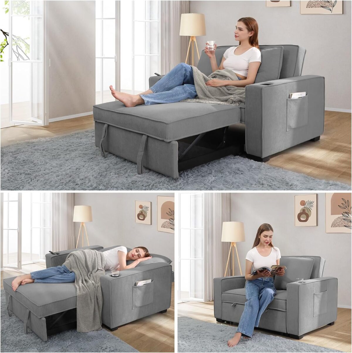 Convertible Sofa Bed, 3-in-1 Sleeper Sofa Pull-Out Bed, Multi-Functional Corduroy Futon Couch